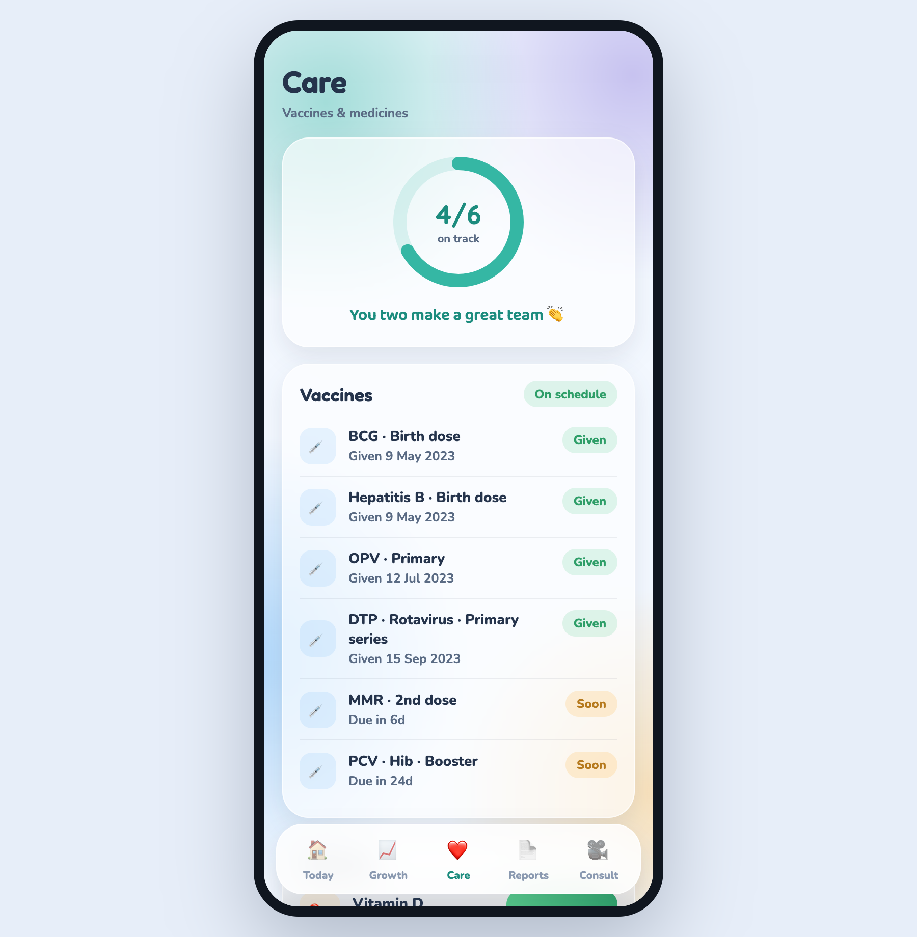 PediGrow Care screen: a 4 of 6 on-track ring, 'You two make a great team', and a vaccine list with green 'Given' and amber 'Soon' chips.