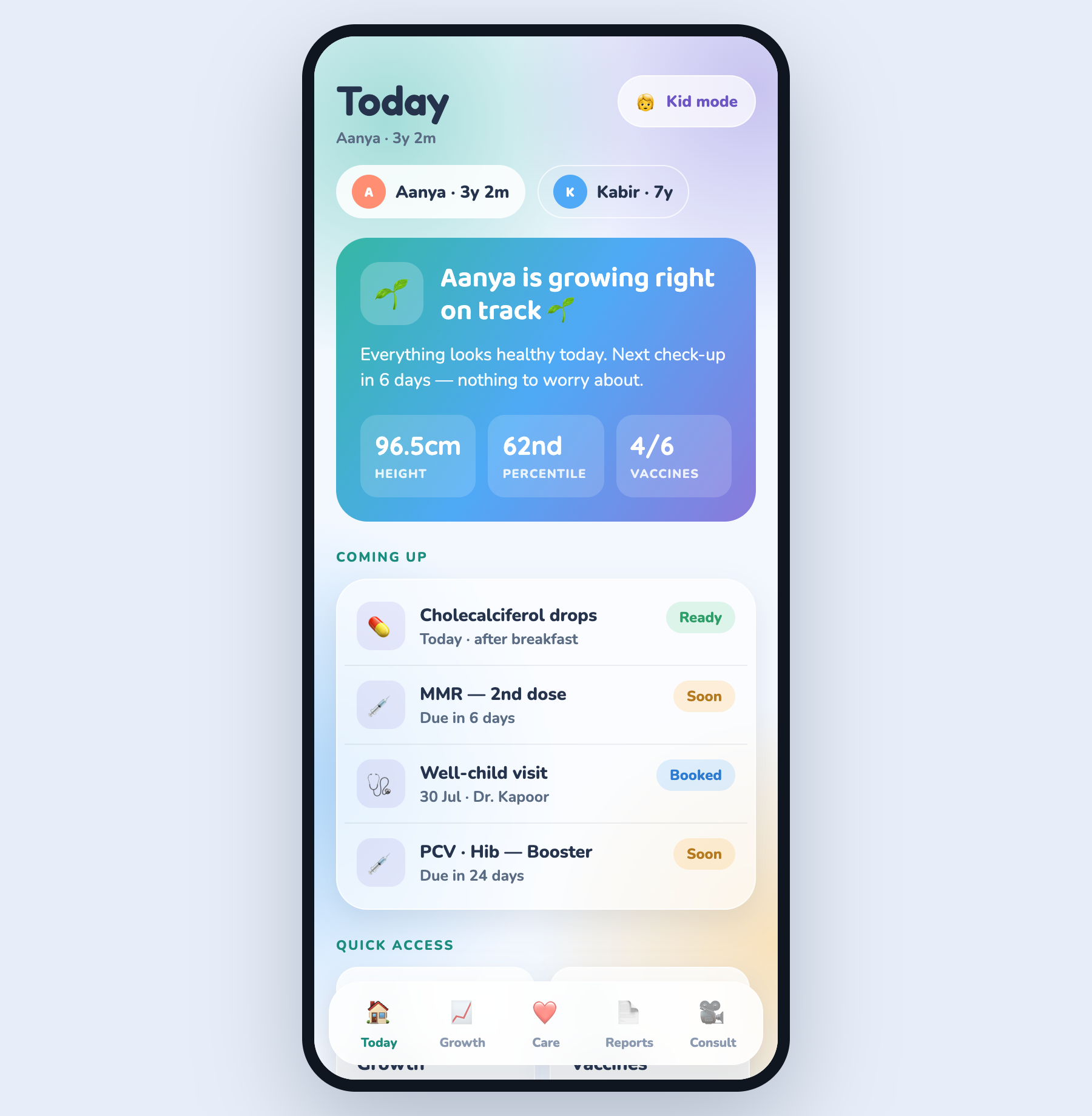 PediGrow Android Today screen with the reassurance verdict and upcoming care items.