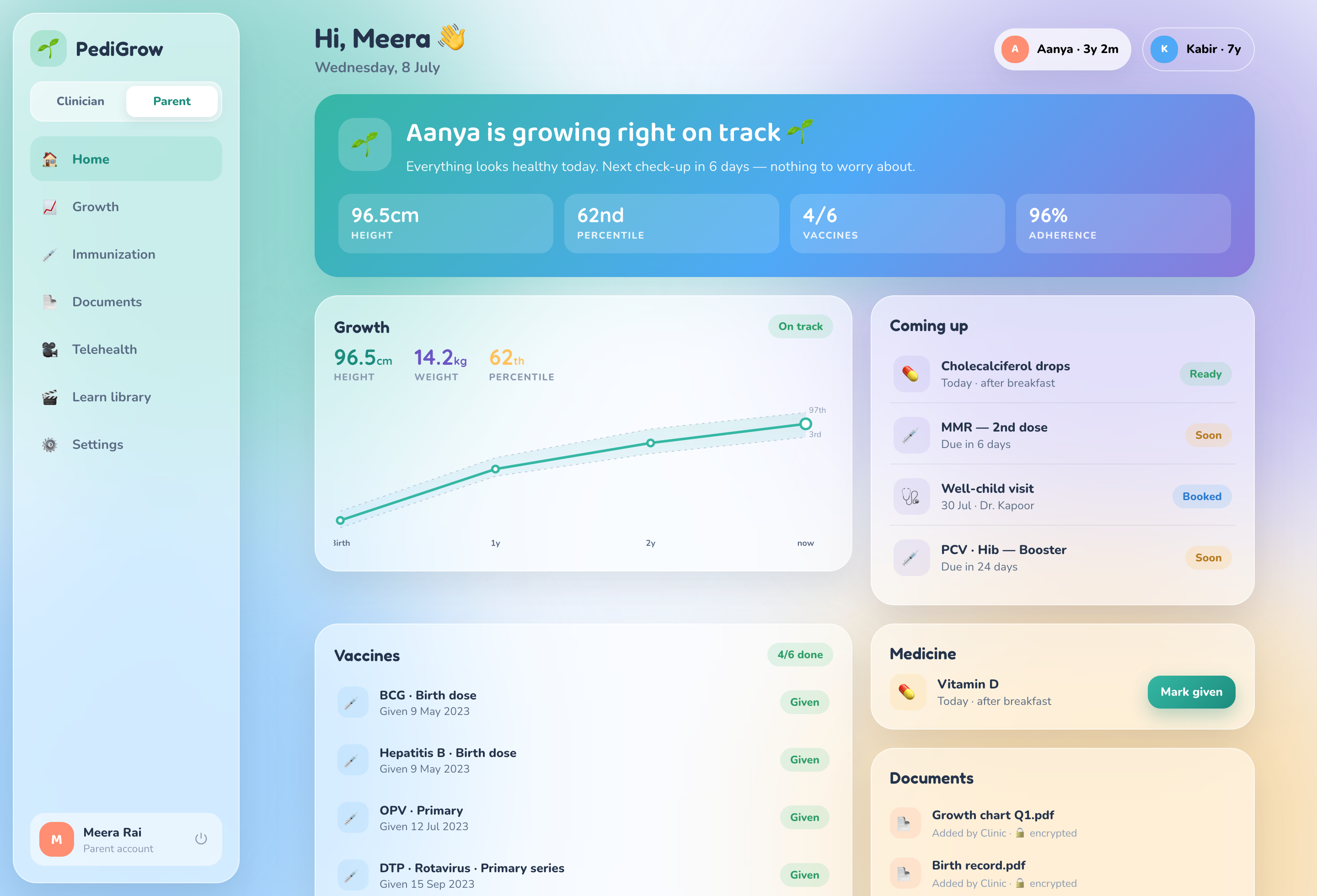 PediGrow web parent dashboard with the reassurance banner, growth chart, upcoming items, vaccines, medicine and documents.